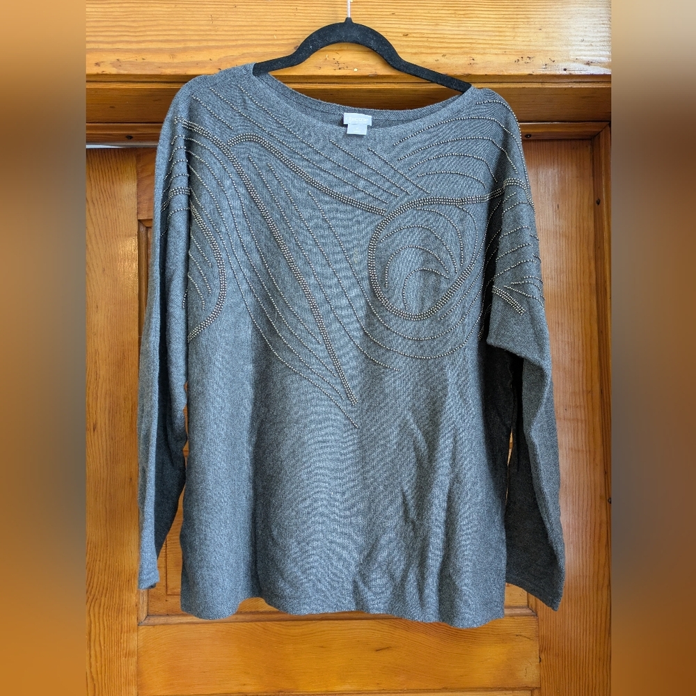 Chico's Gray Textured Crew Neck Sweater